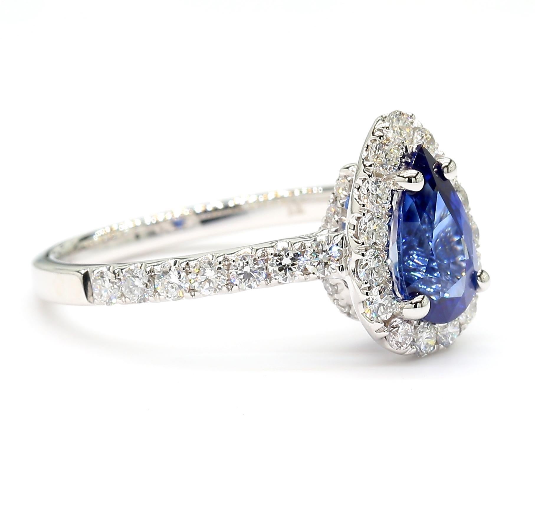 Pear Cut Natural Blue Pear Sapphire and White Diamond 1.79 Carat TW Gold Cocktail Ring For Sale