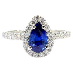 Natural Blue Pear Sapphire and White Diamond 1.79 Carat TW Gold Cocktail Ring
