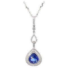 Natural Blue Pear Sapphire and White Diamond 1.79 Carat TW Gold Drop Pendant