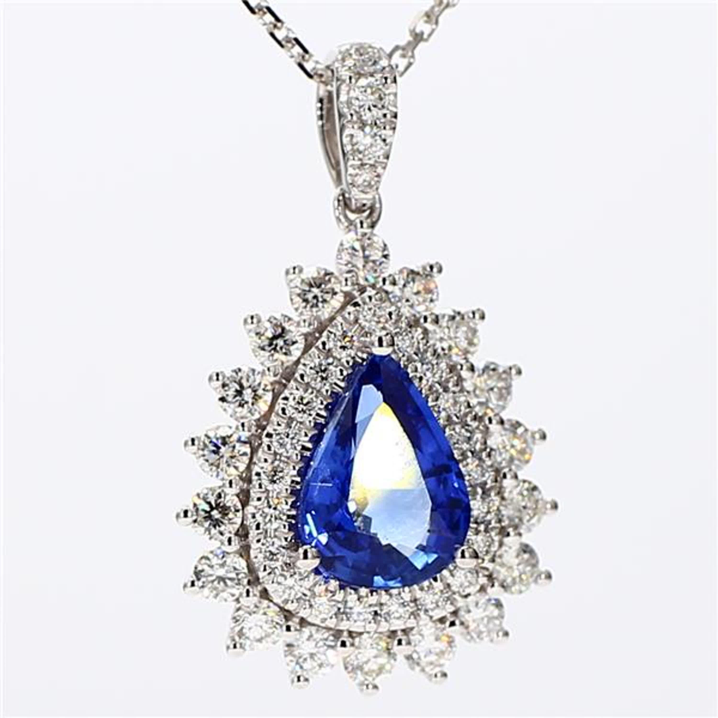 Natural Blue Pear Sapphire and White Diamond 2.79 Carat TW White Gold Pendant For Sale 1