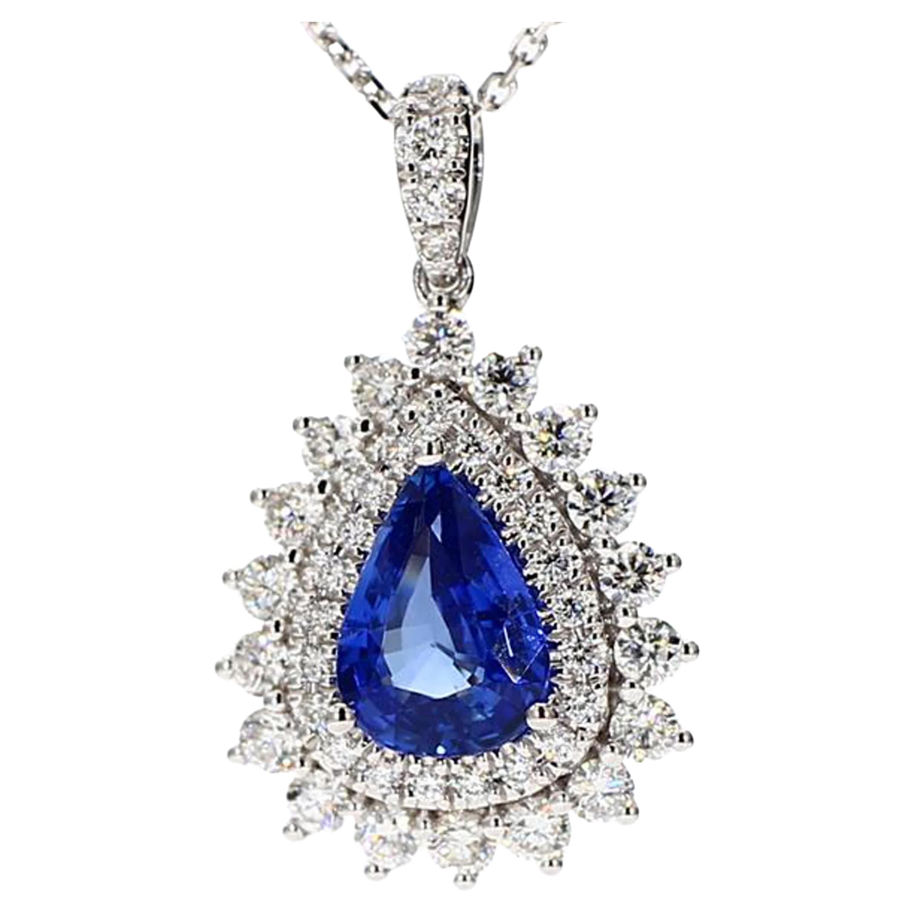 Natural Blue Pear Sapphire and White Diamond 2.79 Carat TW White Gold Pendant For Sale