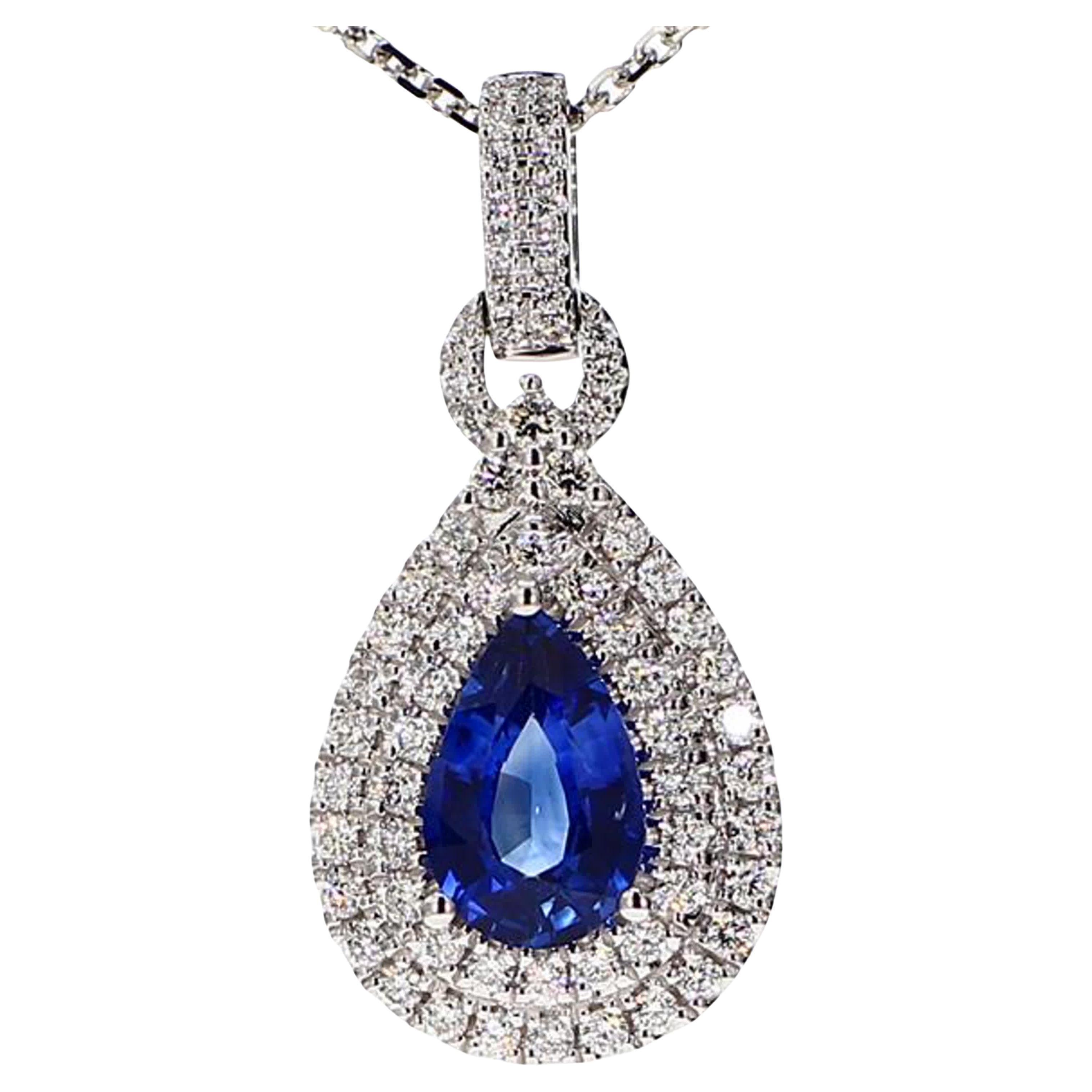 Natural Blue Pear Sapphire and White Diamond 1.87 Carat TW White Gold Pendant For Sale