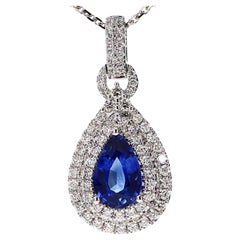 Natural Blue Pear Sapphire and White Diamond 1.87 Carat TW White Gold Pendant
