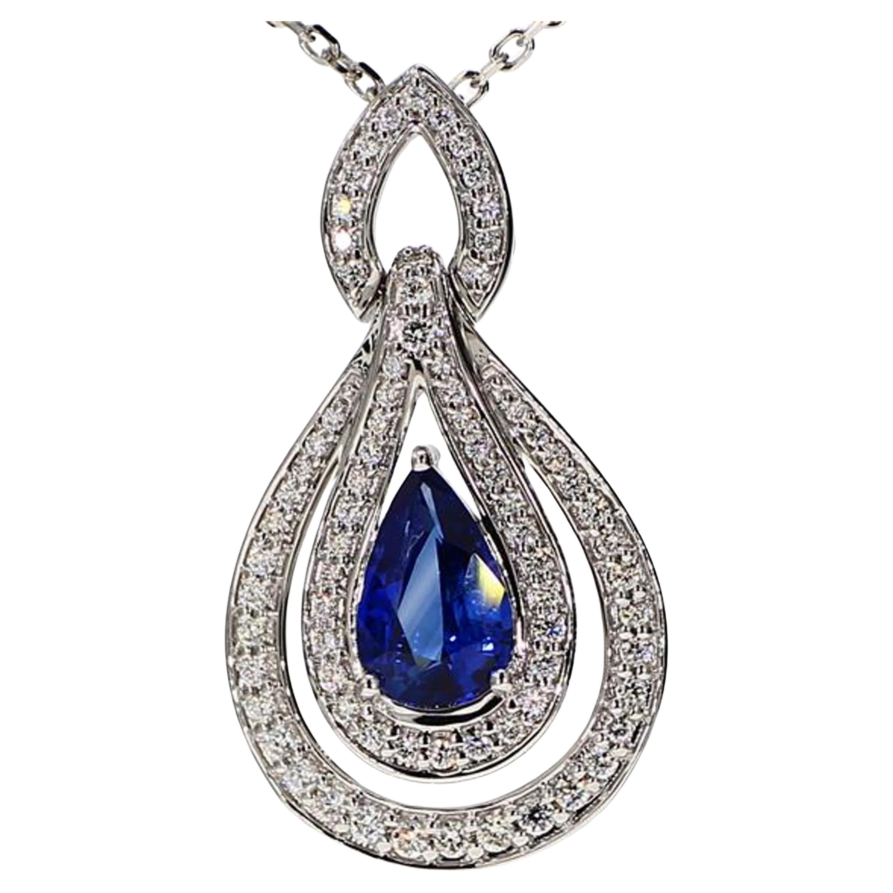 Natural Blue Pear Sapphire and White Diamond 1.88 Carat TW White Gold Pendant