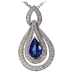 Natural Blue Pear Sapphire and White Diamond 1.88 Carat TW White Gold Pendant