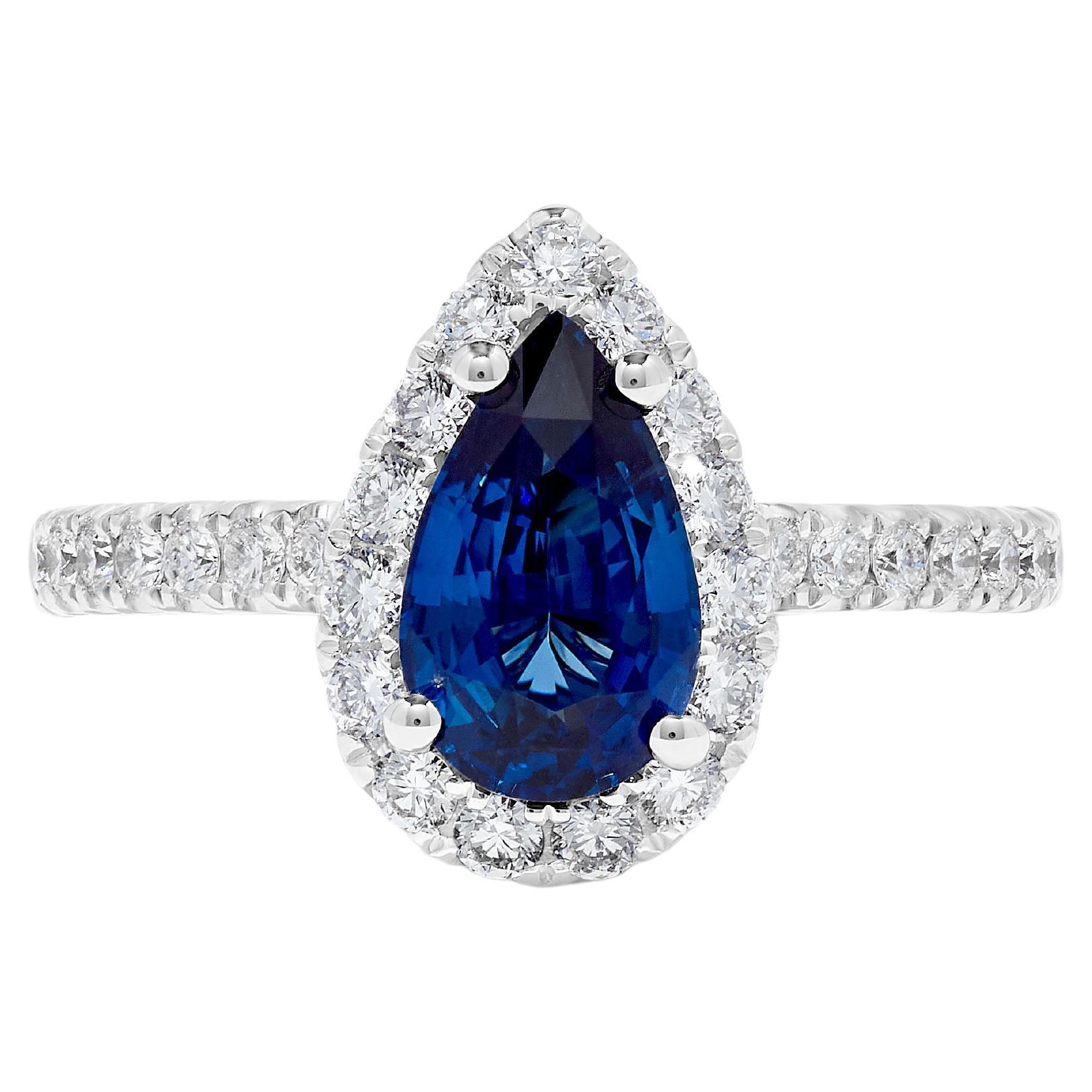 Natürlicher blauer birnenförmiger Saphir und weißer Diamant 2.01 Karat TW Gold Cocktail-Ring