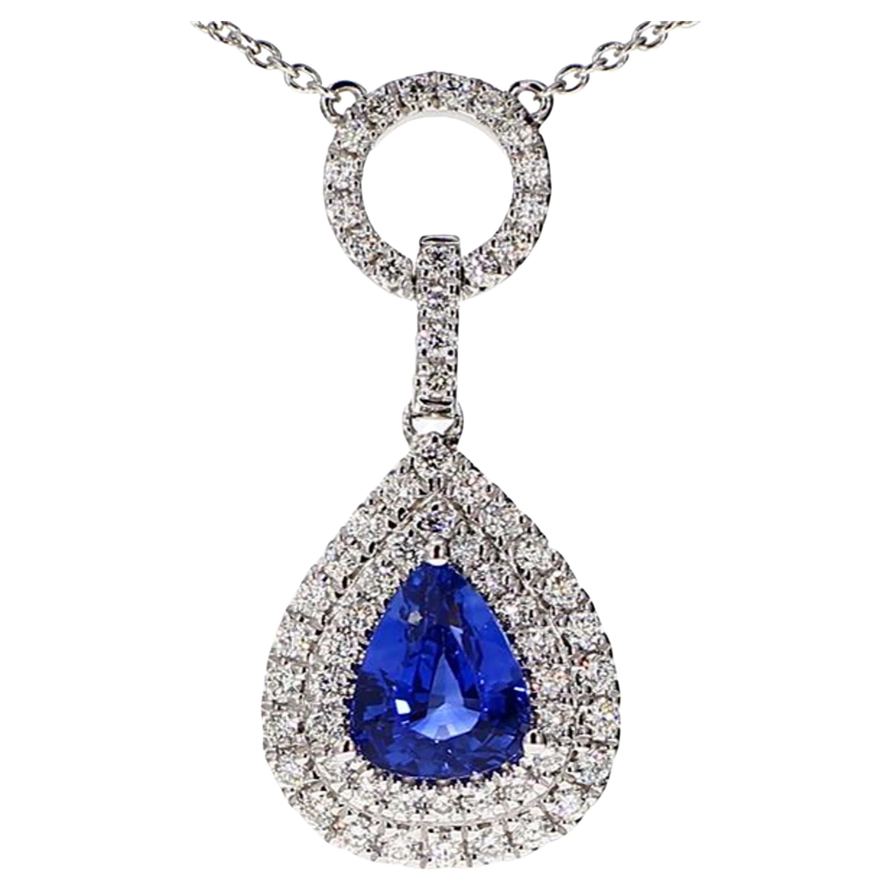 Natural Blue Pear Sapphire and White Diamond 2.08 Carat TW White Gold Pendant