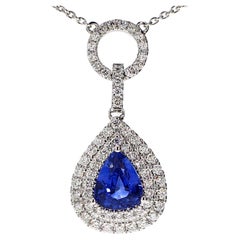 Natural Blue Pear Sapphire and White Diamond 2.08 Carat TW White Gold Pendant