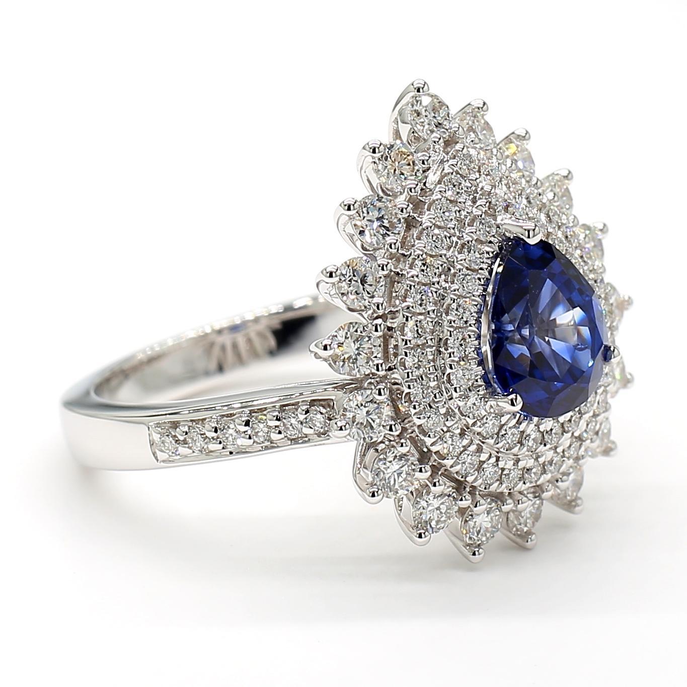 Pear Cut Natural Blue Pear Sapphire and White Diamond 2.62 Carat TW Gold Cocktail Ring For Sale