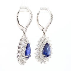 Natural Blue Pear Sapphire and White Diamond 4.40 Carat TW Gold Drop Earrings