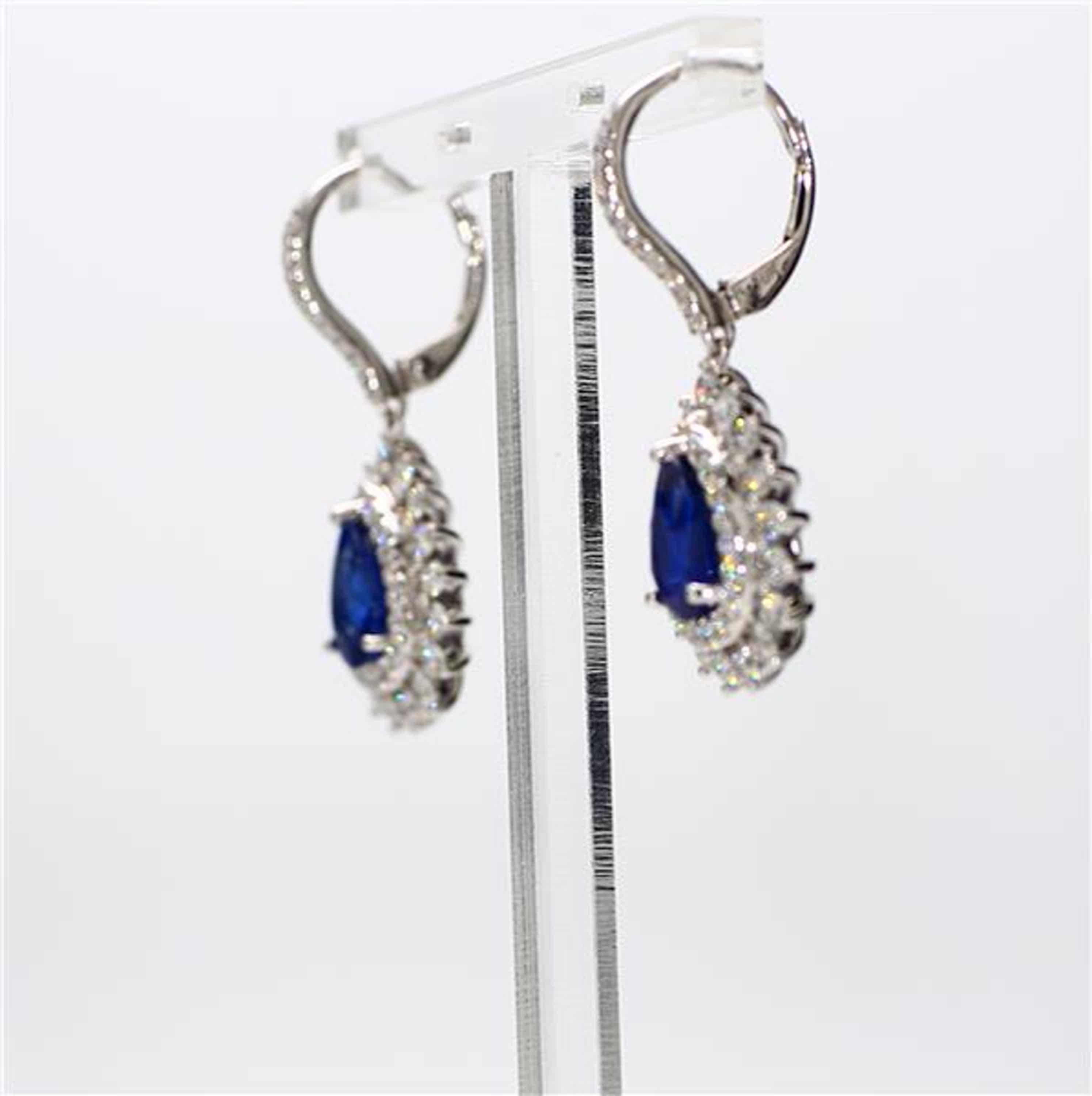 Pear Cut Natural Blue Pear Sapphire and White Diamond 4.40 Carat TW Gold Drop Earrings For Sale