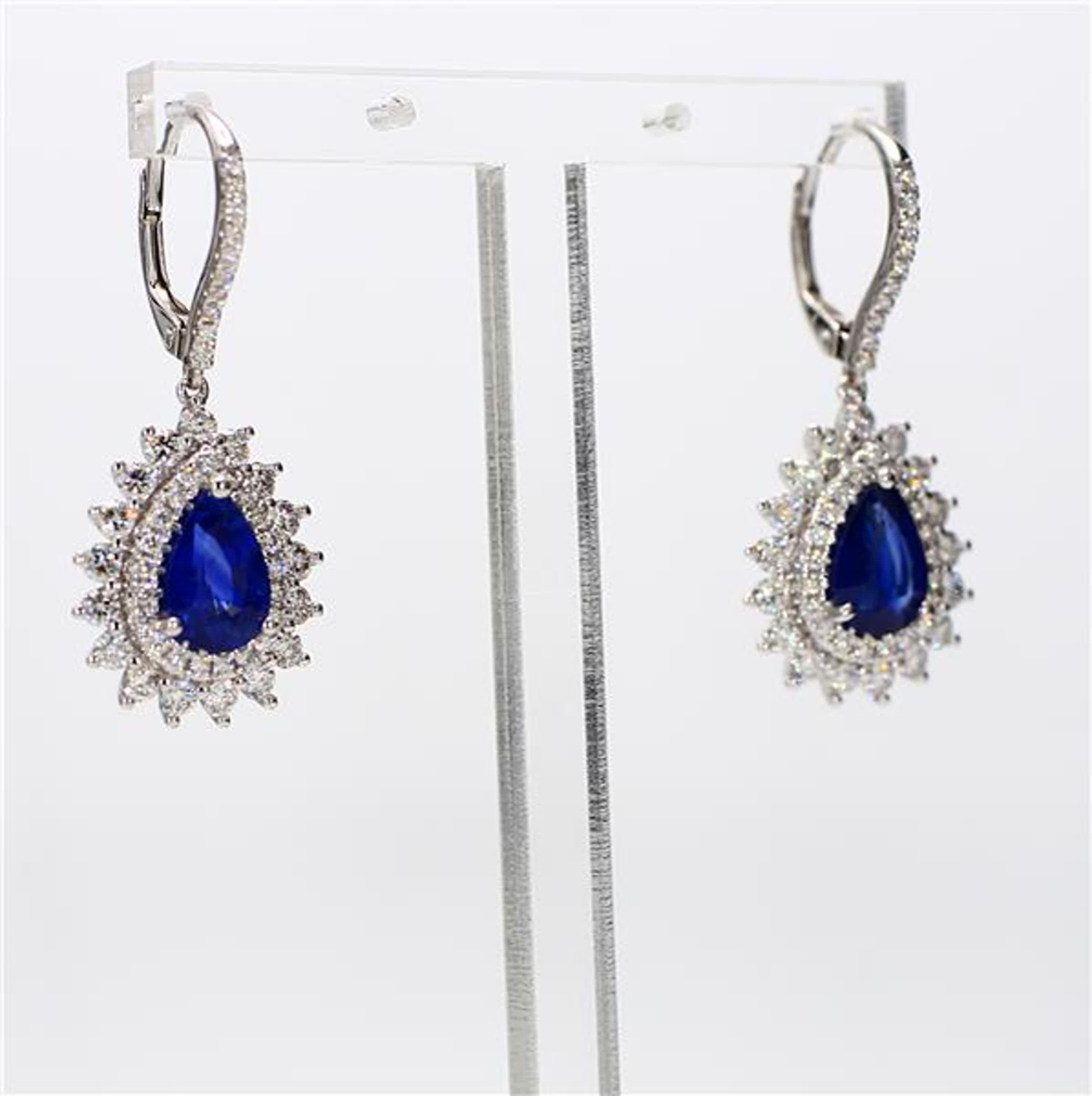 Natural Blue Pear Sapphire and White Diamond 4.40 Carat TW Gold Drop Earrings For Sale 2