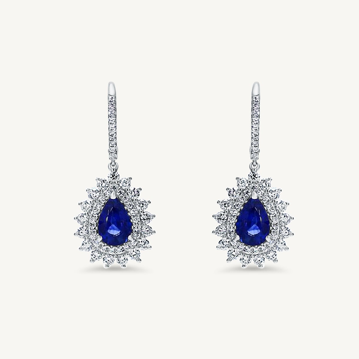 Natural Blue Pear Sapphire and White Diamond 4.40 Carat TW Gold Drop Earrings For Sale