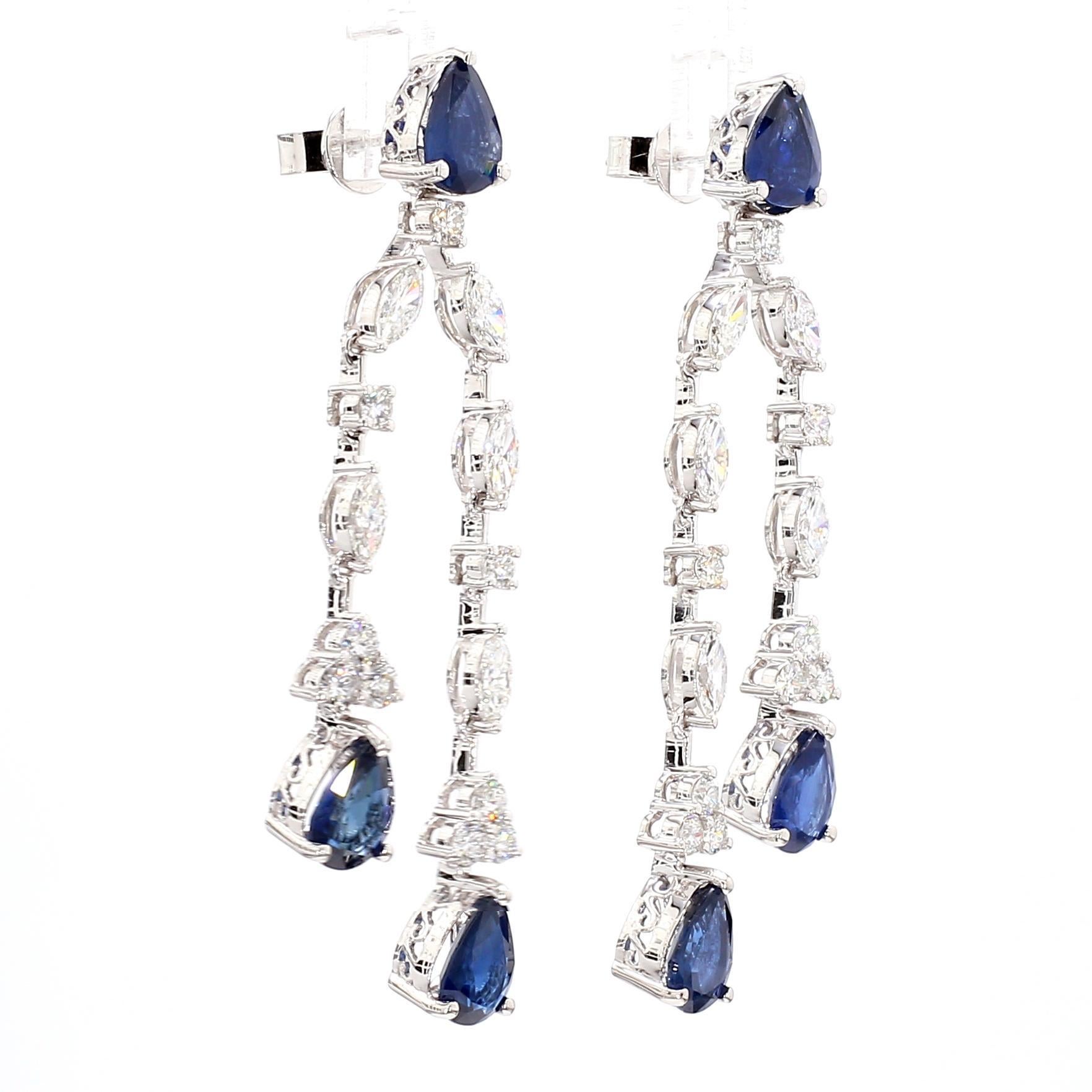 Taille poire Boucles d'oreilles pendantes en or avec saphir poire bleu naturel et diamant blanc de 9.63 carat TW en vente