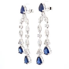 Natural Blue Pear Sapphire and White Diamond 9.65 Carat TW Gold Drop Earrings