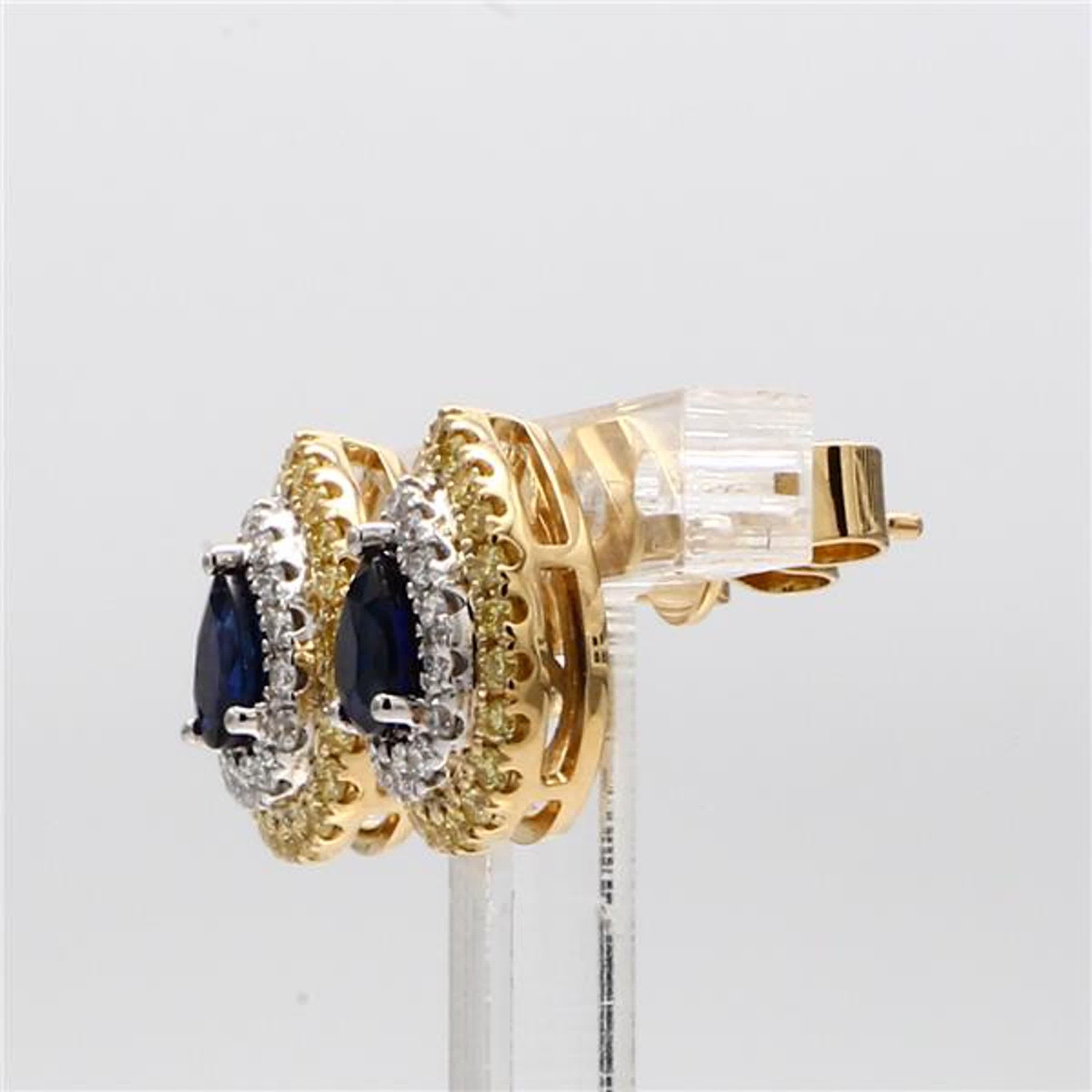 Contemporary Natural Blue Pear Sapphire and Yellow Diamond 1.34 Carat TW Gold Stud Earrings For Sale