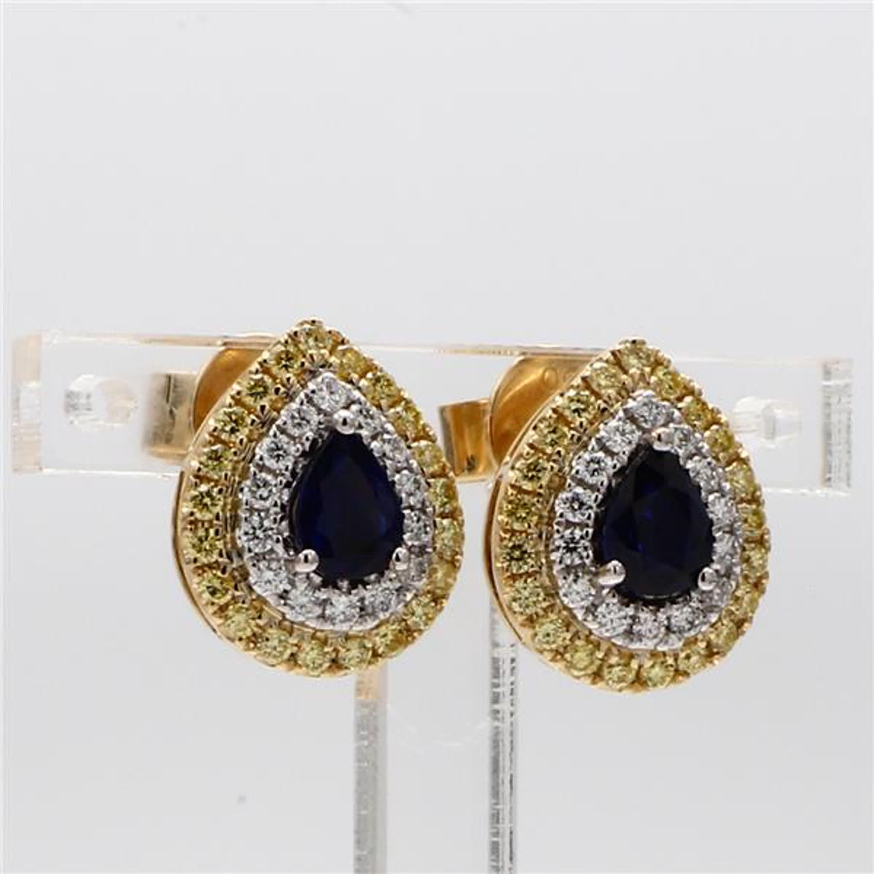 Natural Blue Pear Sapphire and Yellow Diamond 1.34 Carat TW Gold Stud Earrings For Sale 1