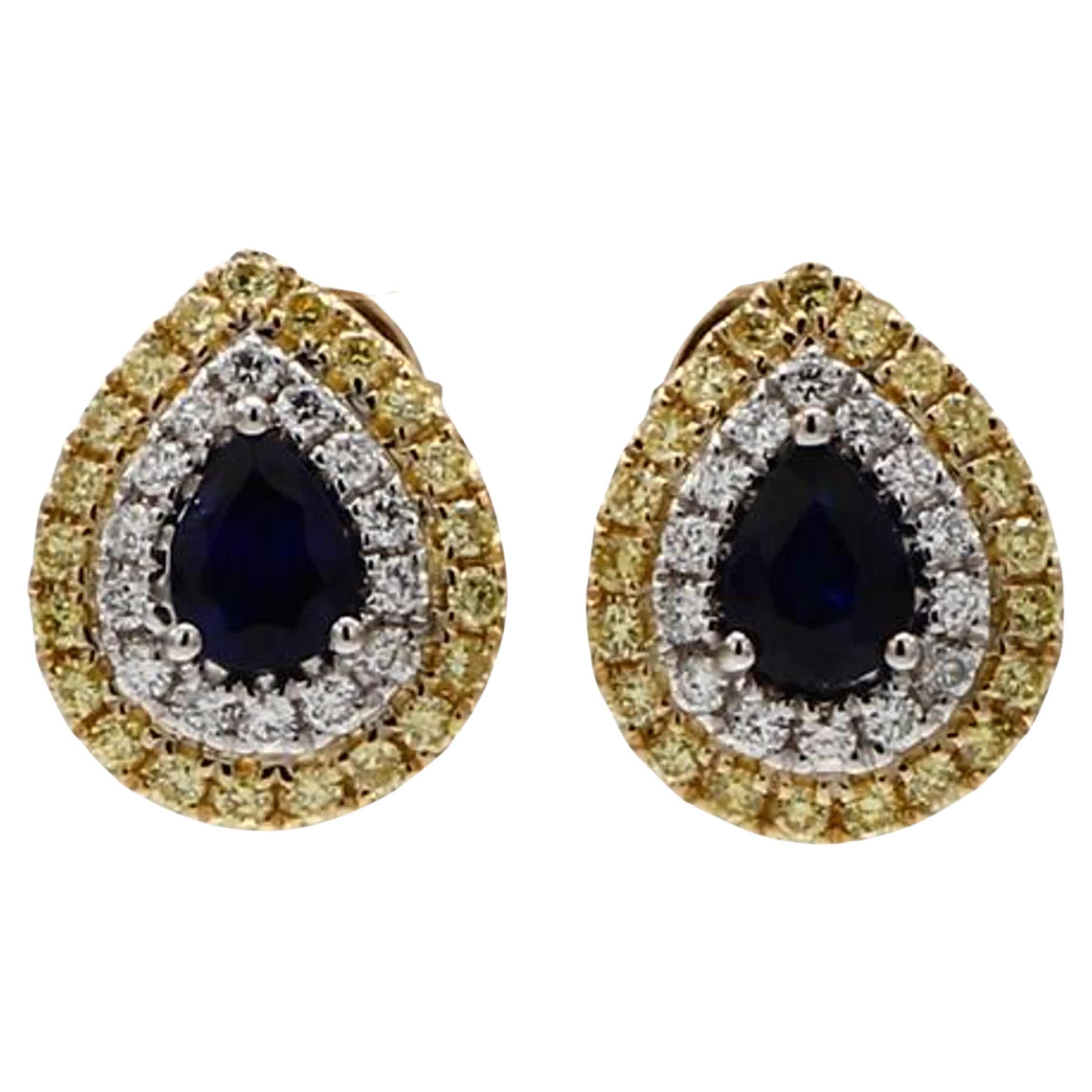 Natural Blue Pear Sapphire and Yellow Diamond 1.34 Carat TW Gold Stud Earrings For Sale