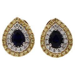 Natural Blue Pear Sapphire and Yellow Diamond 1.34 Carat TW Gold Stud Earrings