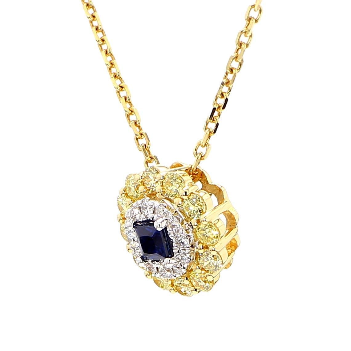 RareGemWorld's beautiful sapphire pendant. Mounted in a beautiful 18K Yellow and White Gold setting with a natural princess cut blue sapphire. The sapphire is surrounded by natural round white diamond melee and natural round yellow diamond melee.