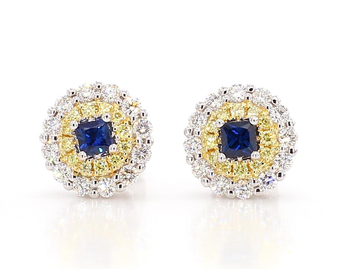 Contemporain Boucles d'oreilles en or de 1.05 carats TW, saphir Princesse bleu naturel et diamant en vente