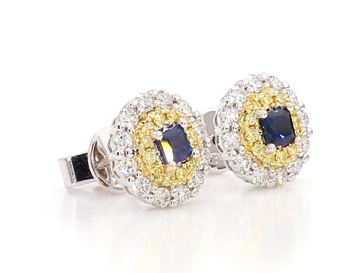 Taille princesse Boucles d'oreilles en or de 1.05 carats TW, saphir Princesse bleu naturel et diamant en vente