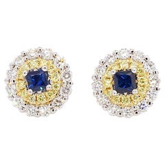 Natural Blue Princess Sapphire and Diamond 1.05 Carat TW Gold Stud Earrings