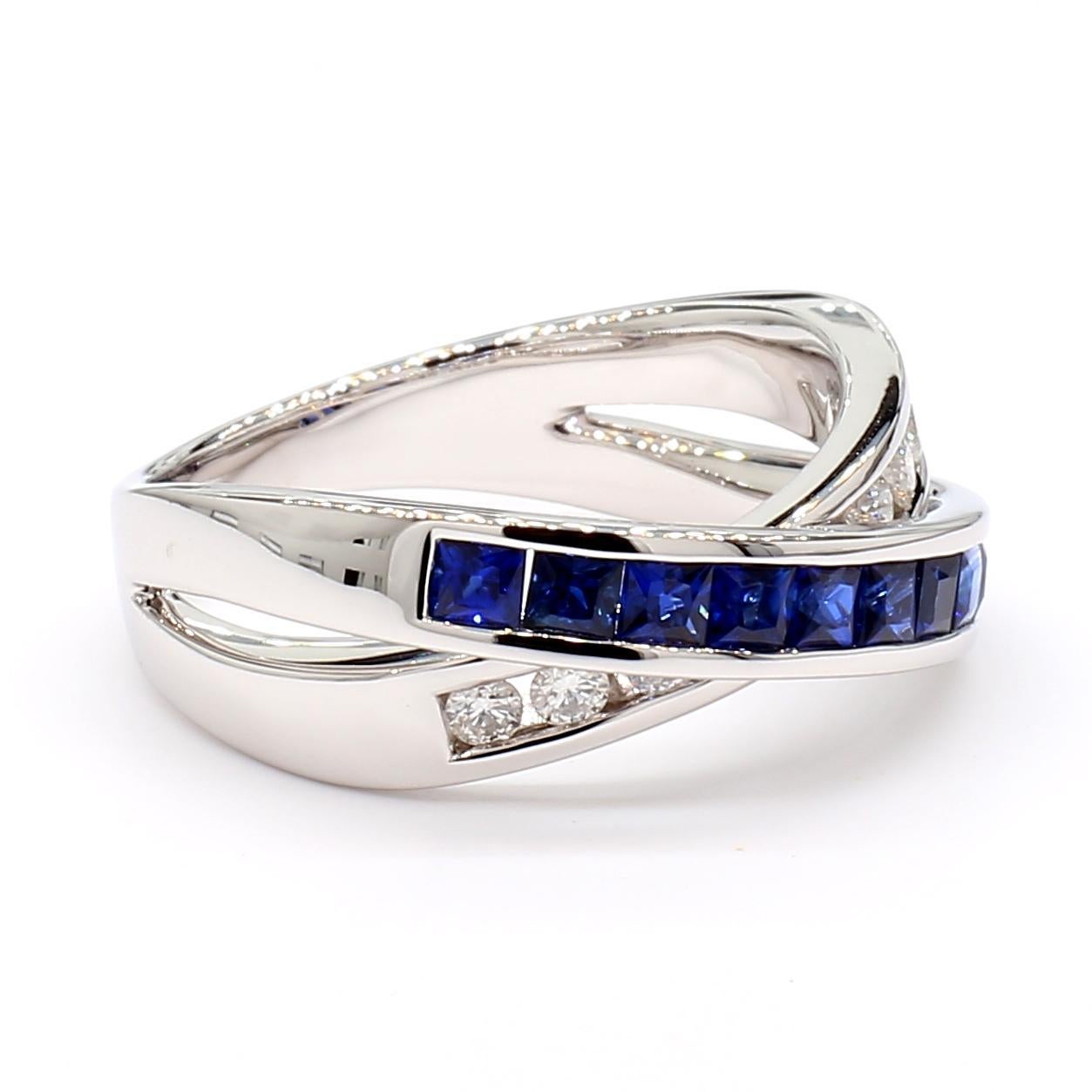 Princess Cut Natural Blue Princess Sapphire and Diamond 1.15 Carat TW Gold Cocktail Band For Sale