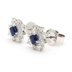 Natural Blue Princess Sapphire and Diamond 1.28 Carat TW Gold Stud Earrings