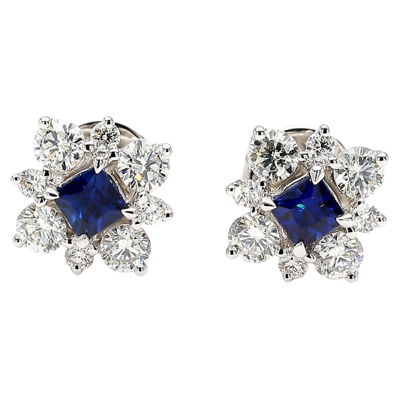 Natural Blue Princess Sapphire and Diamond 1.28 Carat TW Gold Stud Earrings