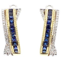 Natural Blue Princess Sapphire and Diamond 1.61 Carat TW Gold Hoop Earrings