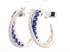 Natural Blue Princess Sapphire and Diamond 1.64 Carat TW Gold Hoop Earrings