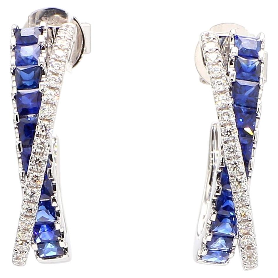 Natural Blue Princess Sapphire and Diamond 1.64 Carat TW Gold Hoop Earrings