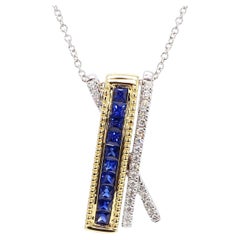 Natural Blue Princess Sapphire and White Diamond 0.75 Carat TW Gold Drop Pendant
