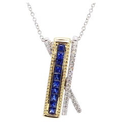 Natural Blue Princess Sapphire and White Diamond 0.75 Carat TW Gold Drop Pendant