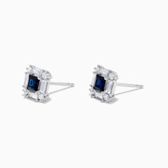 Natural Blue Princess Sapphire and White Diamond 1.4 Carat TW Gold Stud Earrings