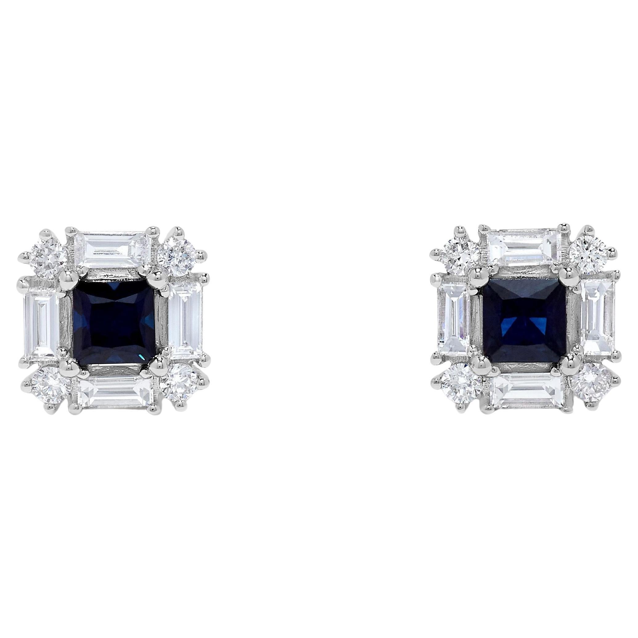 Pendientes de oro con zafiro princesa azul natural y diamante blanco de 1,4 quilates TW