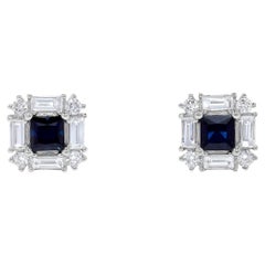 Natural Blue Princess Sapphire and White Diamond 1.4 Carat TW Gold Stud Earrings