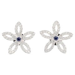 Natural Blue Round Sapphire and Diamond 0.59 Carat TW Gold Stud Earrings