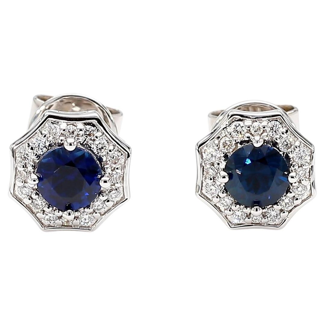 Natürlicher blauer runder Saphir und Diamant 0.82 Karat TW Gold Ohrstecker
