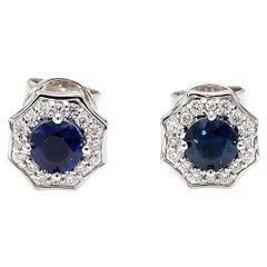 Natural Blue Round Sapphire and Diamond 0.82 Carat TW Gold Stud Earrings