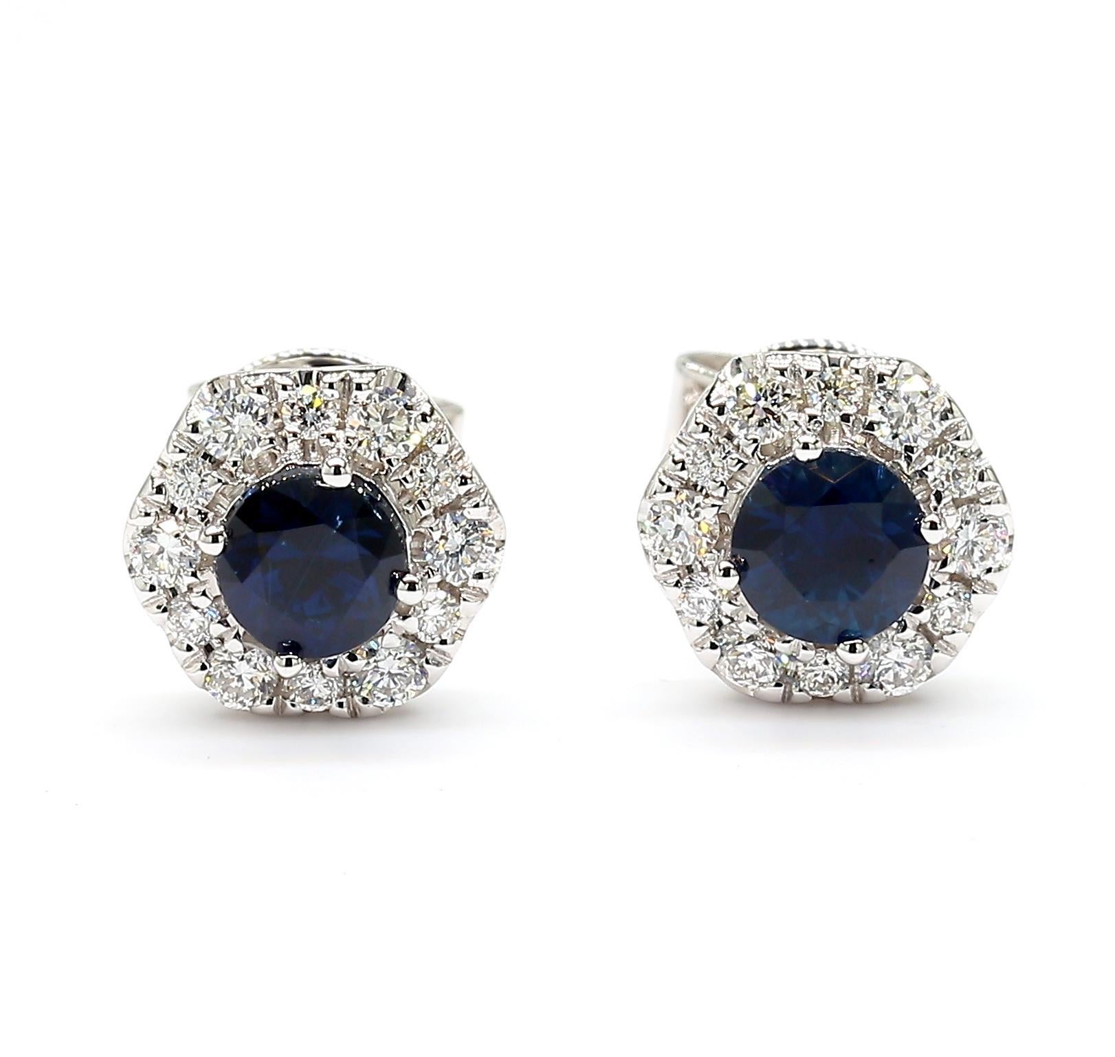 Contemporary Natural Blue Round Sapphire and Diamond 0.97 Carat TW Gold Stud Earrings For Sale