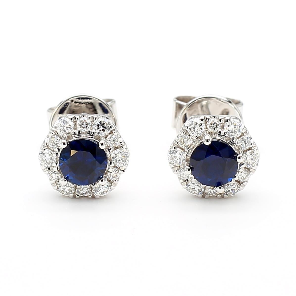 Natürlicher blauer runder Saphir und Diamant 0.97 Karat TW Gold Ohrstecker (Zeitgenössisch) im Angebot
