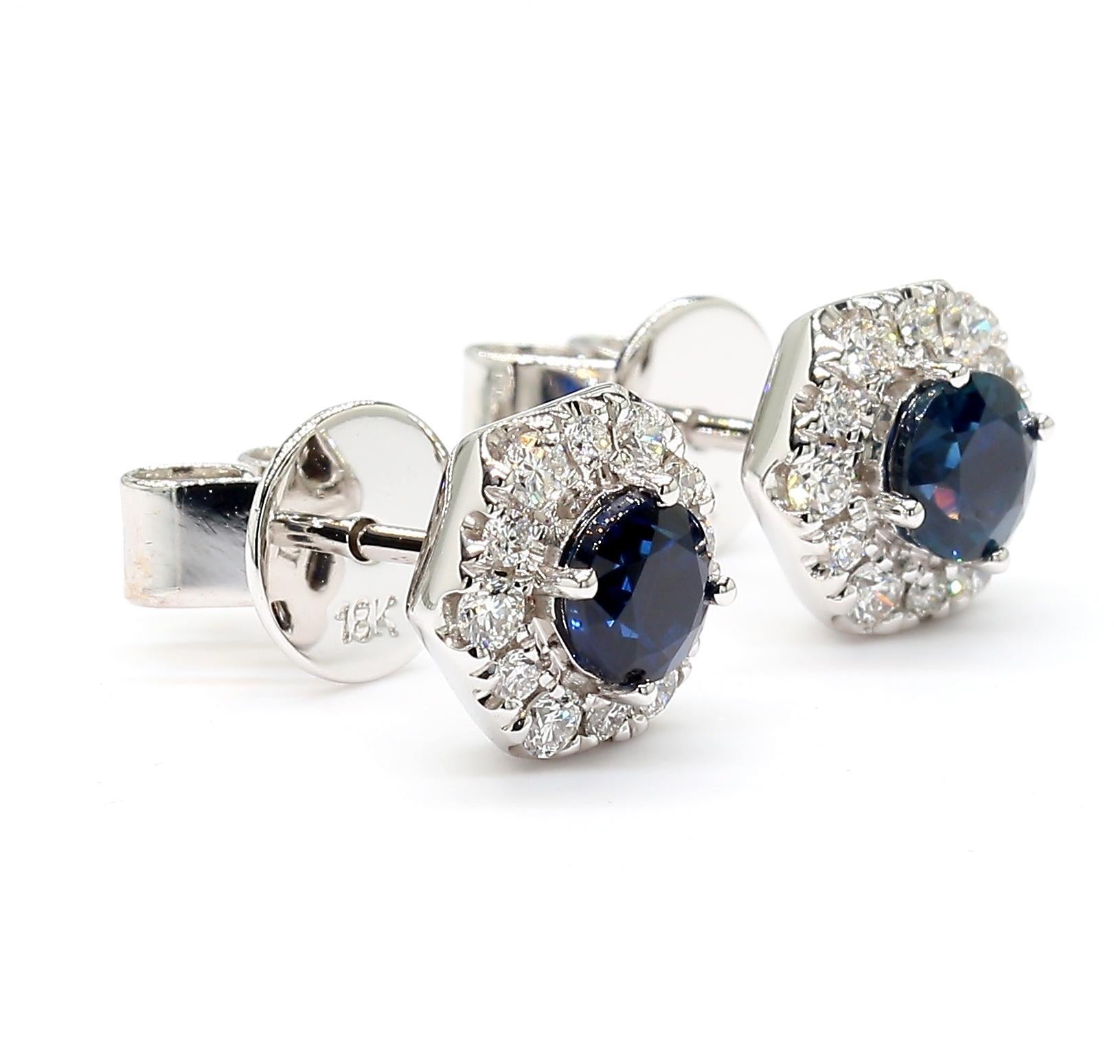 Oval Cut Natural Blue Round Sapphire and Diamond 0.97 Carat TW Gold Stud Earrings For Sale