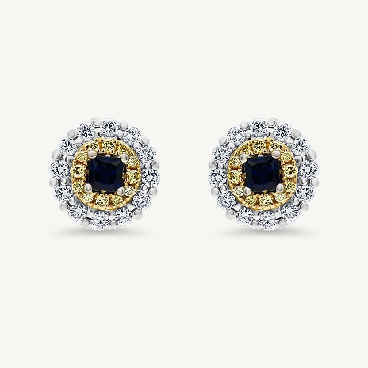Natural Blue Round Sapphire and Diamond 1.05 Carat TW Gold Stud Earrings For Sale