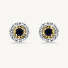 Natural Blue Round Sapphire and Diamond 1.05 Carat TW Gold Stud Earrings