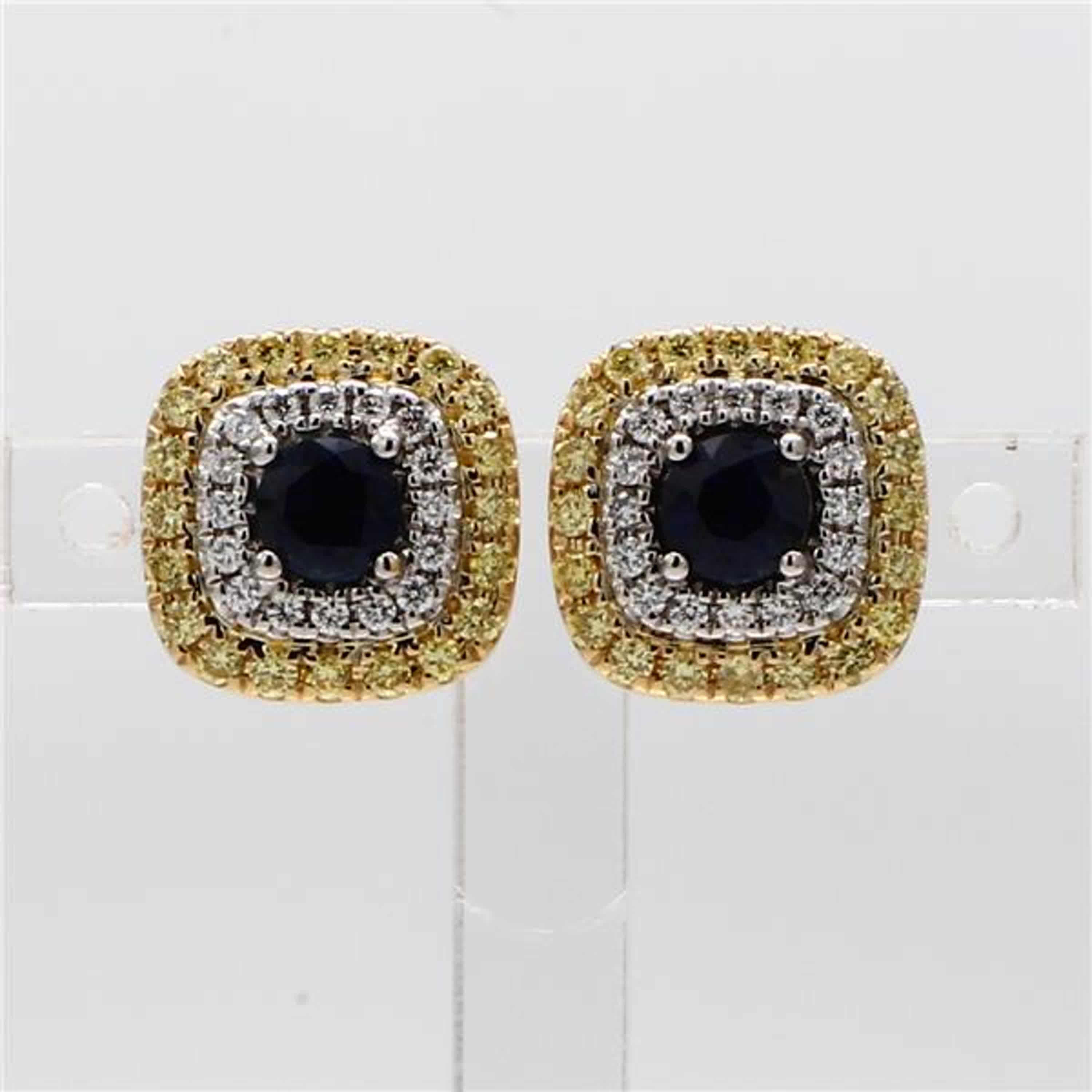 RareGemWorld's classic sapphire earrings. Mounted in a beautiful 18K Yellow and White Gold setting with natural round cut blue sapphires. The sapphires are surrounded by natural round white diamond melee and natural round yellow diamond melee. These