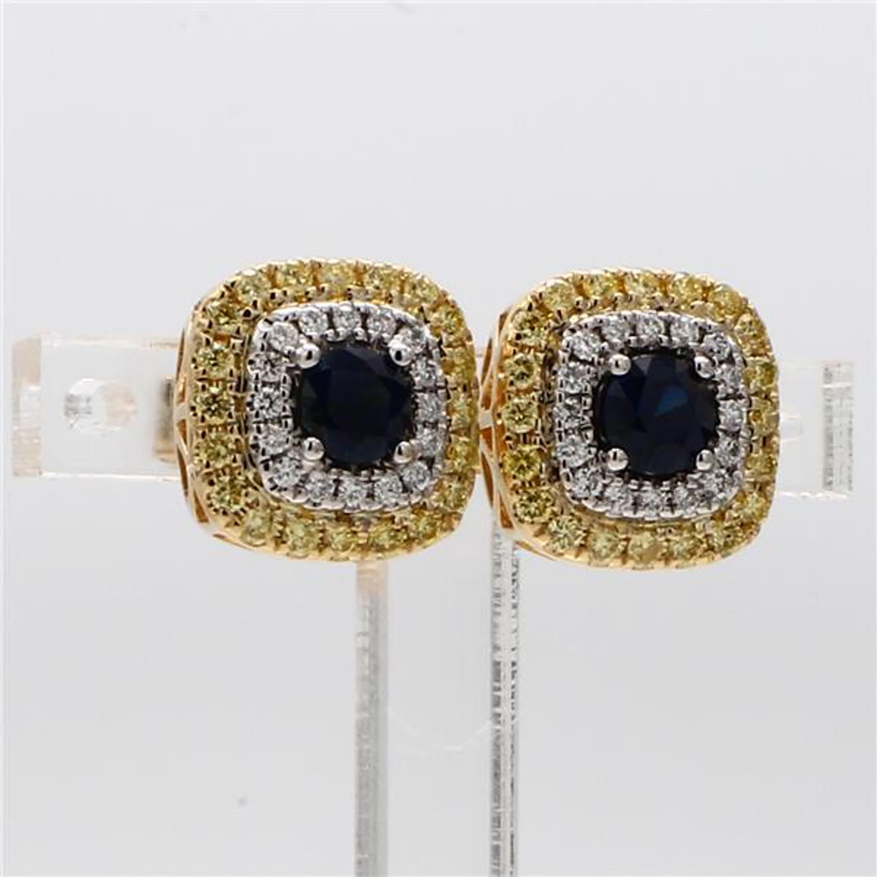 Natural Blue Round Sapphire and Diamond 1.20 Carat TW Gold Stud Earrings For Sale 1