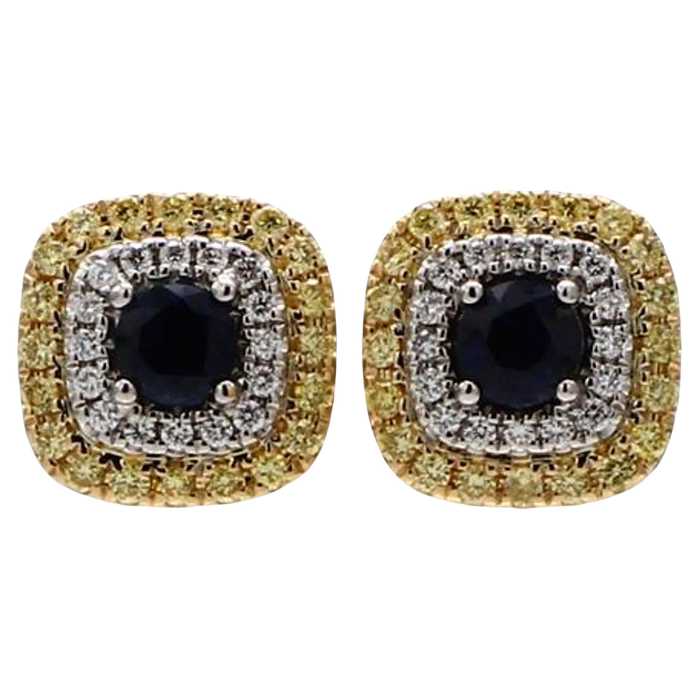Natural Blue Round Sapphire and Diamond 1.20 Carat TW Gold Stud Earrings