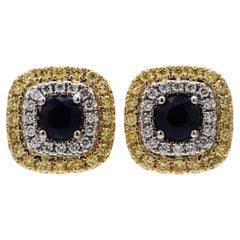 Natural Blue Round Sapphire and Diamond 1.20 Carat TW Gold Stud Earrings